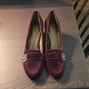 Bandolino Burgundy Velvet Heels with Gold Buckle